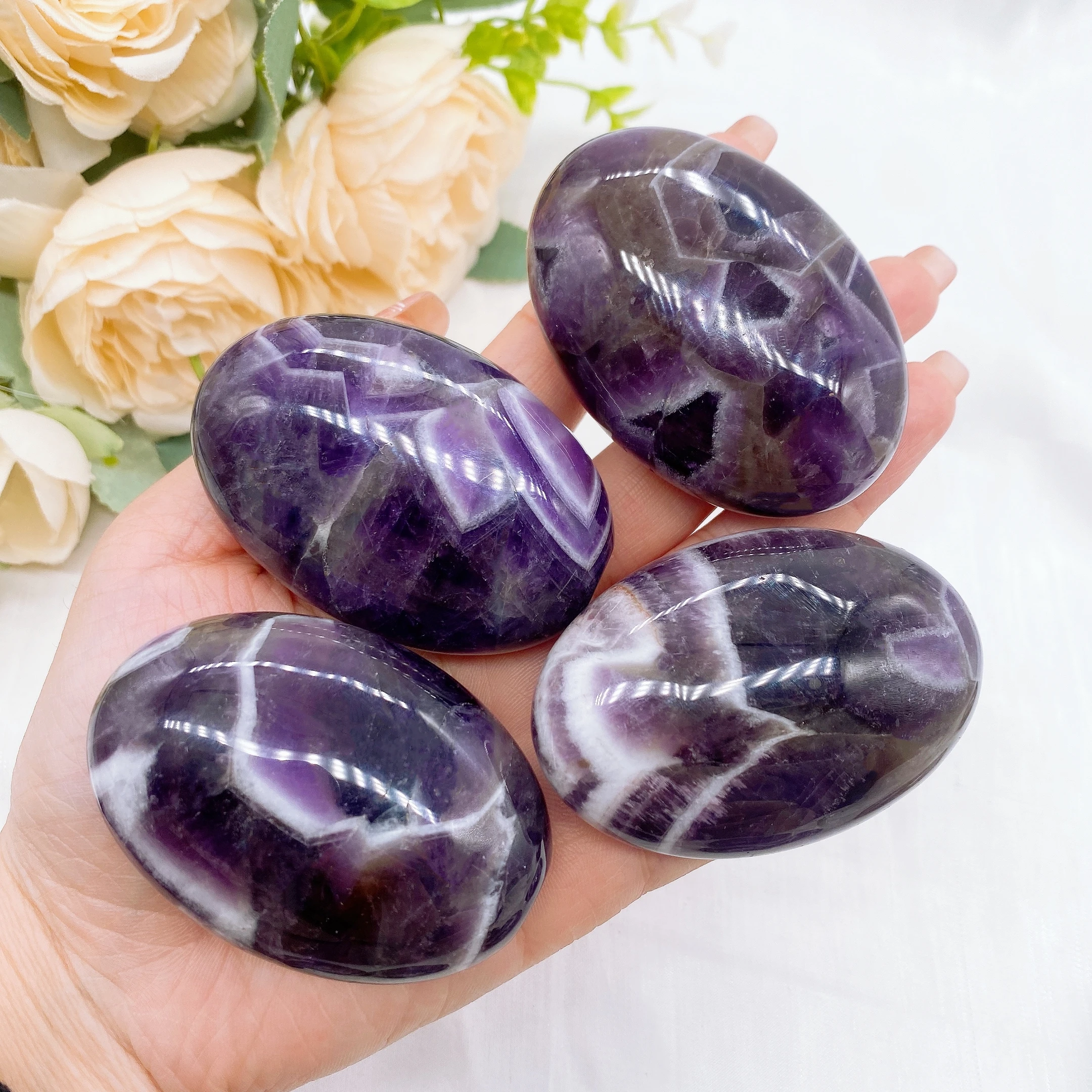 60mm Natural Amethyst Pocket Palm Crystal Quartz Stone Polished Energy Gems Reiki Healing Gift Mineral message tool Home Decor