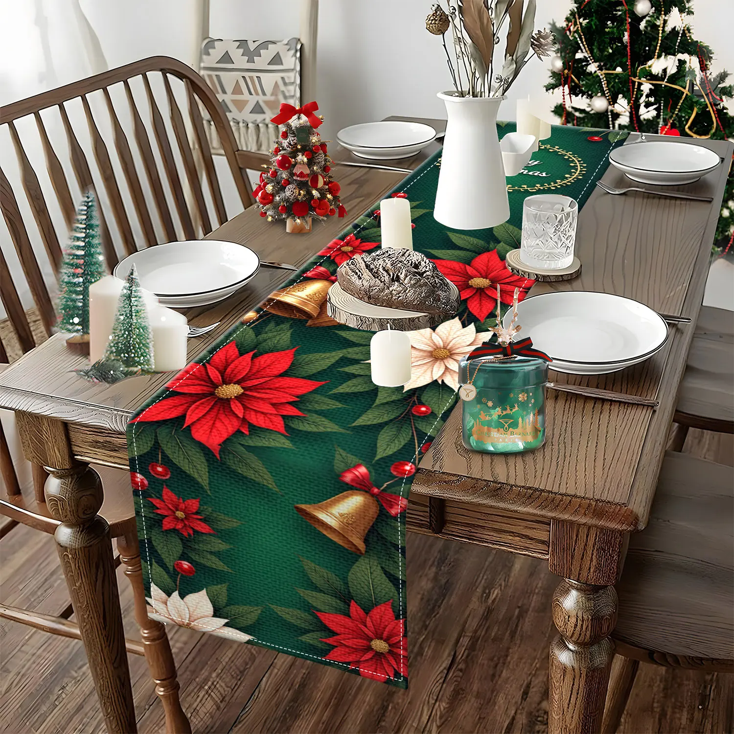 قطعة واحدة من مفرش طاولة بطابع عيد الميلاد، تتميز بونسيتيا وأجراس وأنماط زهور، مناسبة لحفلات عيد الميلاد وديكور المنزل في العطلات #4