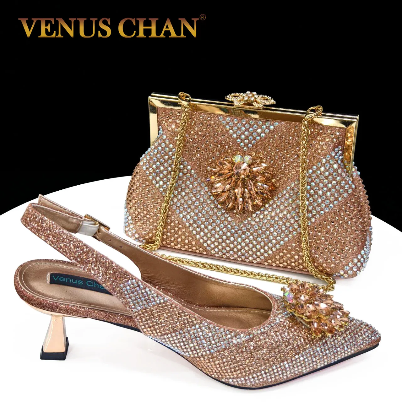 

Venus Chan New Italian Pumps and Bag for Party 2024 INS Style Pointed-Toe Rhinestone Elegant High Heels Champagne Wedge for Wome