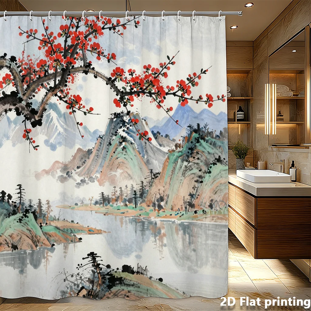 中国水墨画シャワーカーテン-–-梅の花、山、霧の風景、2dフラットプリント、ポリエステル、グロメットトップ、71x71インチ
