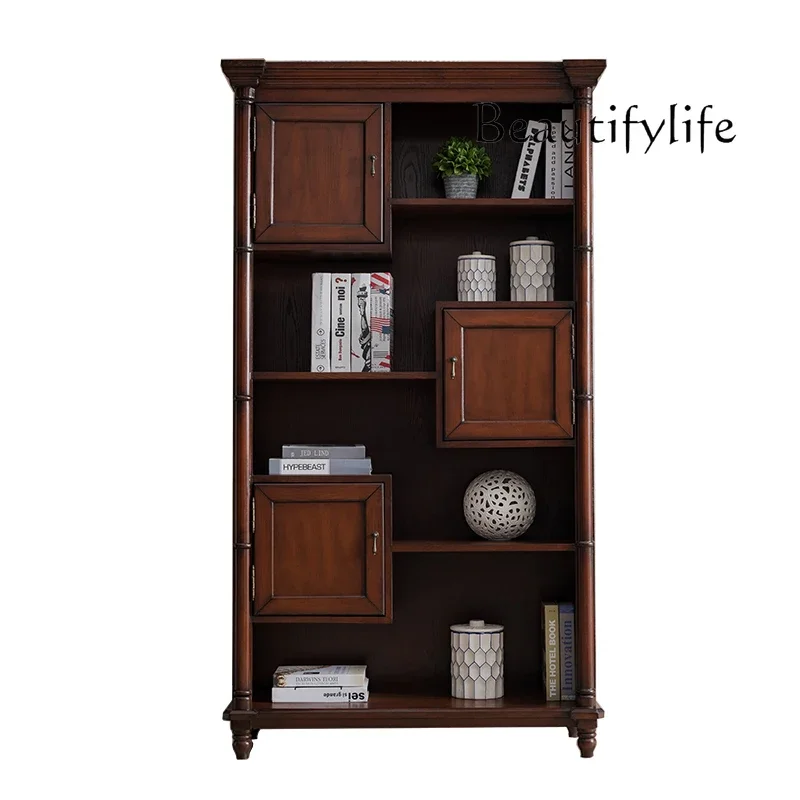 

American medieval solid wood bookcase living room painted simple shelf