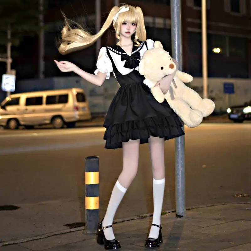 Japan Jk Lolita Girl College Mini Dress Women Sweet Bow Ruffles Fake Two-Piece Western Style Full JK Uniform Princess Dress