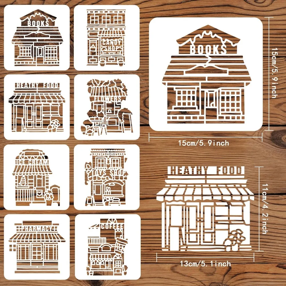 8PCS House Stencils Street Shop Stencil 5.9x5.9 inch Plastic PET Bookstore Candy  Toys Shop Stencil Flower Shop Ice Cream