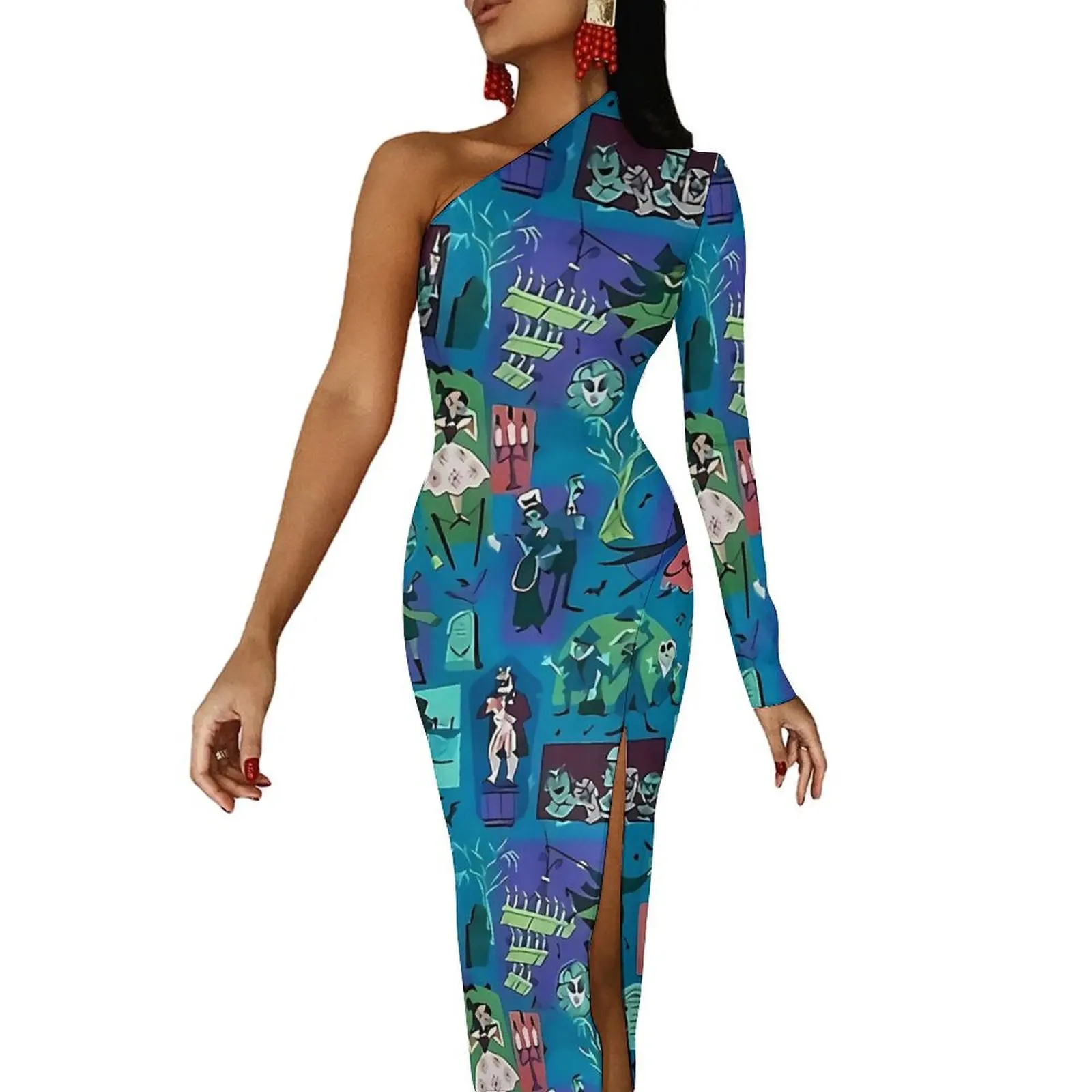 Haunted Mansion Bodycon Dress Womens Halloween Design Cute Maxi Dress One Shoulder Party Graphic Dresses Gift Idea