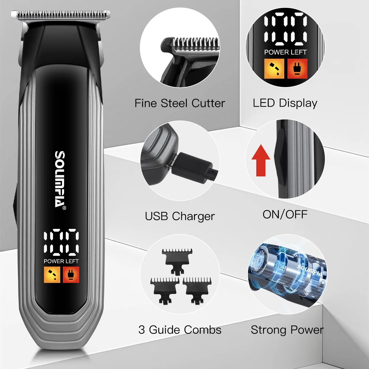 Solimpia Professional Hair Clipper Ceramic Blade Male Hair Trimmer LED Display Haircut Machine USB charging