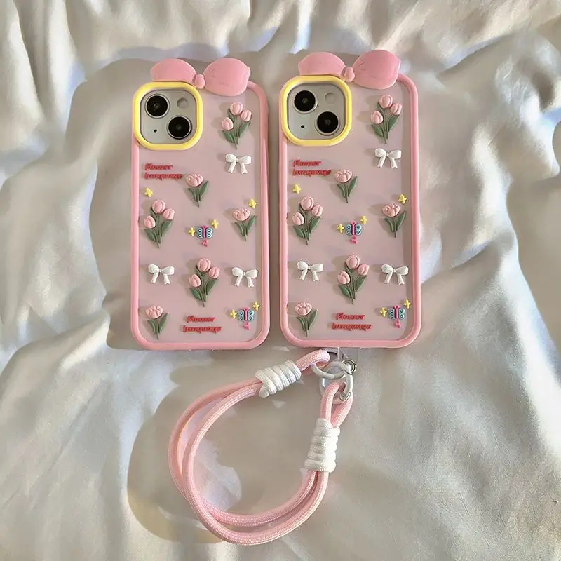 

Phone Case For iPhone 16 15 14 13 Pro Max New Korean INS Cartoon Sweet Cute 3D Pink Tulip Bow Soft Protective Cover With Lanyard