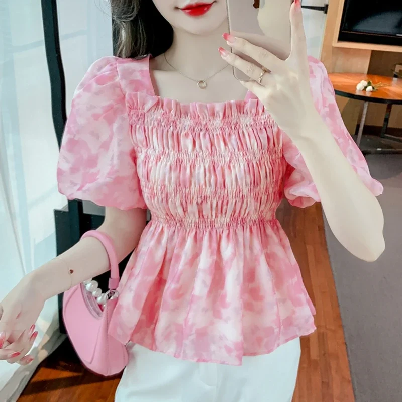 Summer Chiffon Vintage Blouses Women 2024 Korean Fashion Clothing Blusas Casual Slim Printed Puff Sleeve Corset Ladies Tops y2k