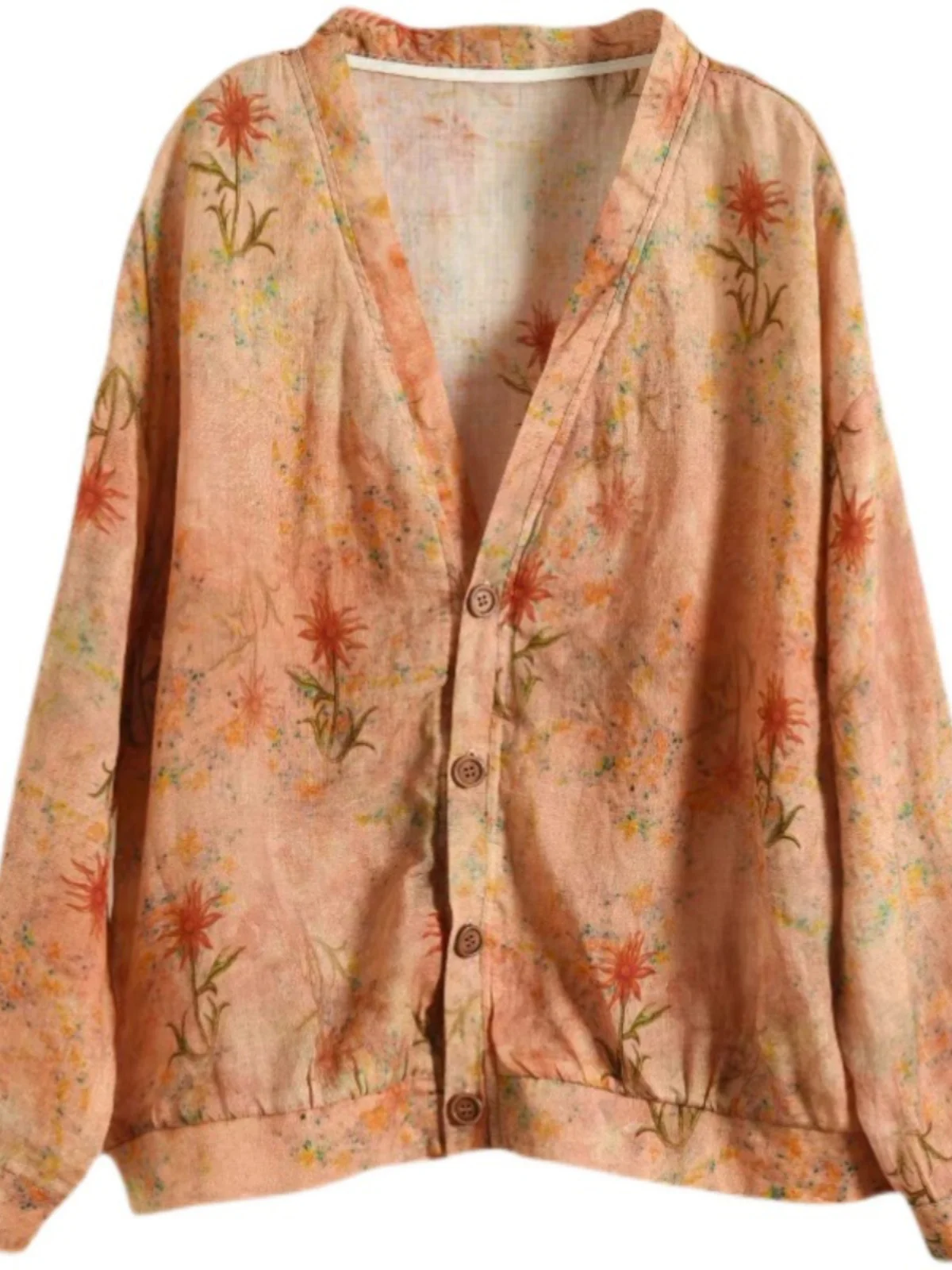 Faionable Large Size Women's Cotton Linen Print Long Sve irt V-Ne Casual Versatile Open Cardigan Outerwear for Autumn