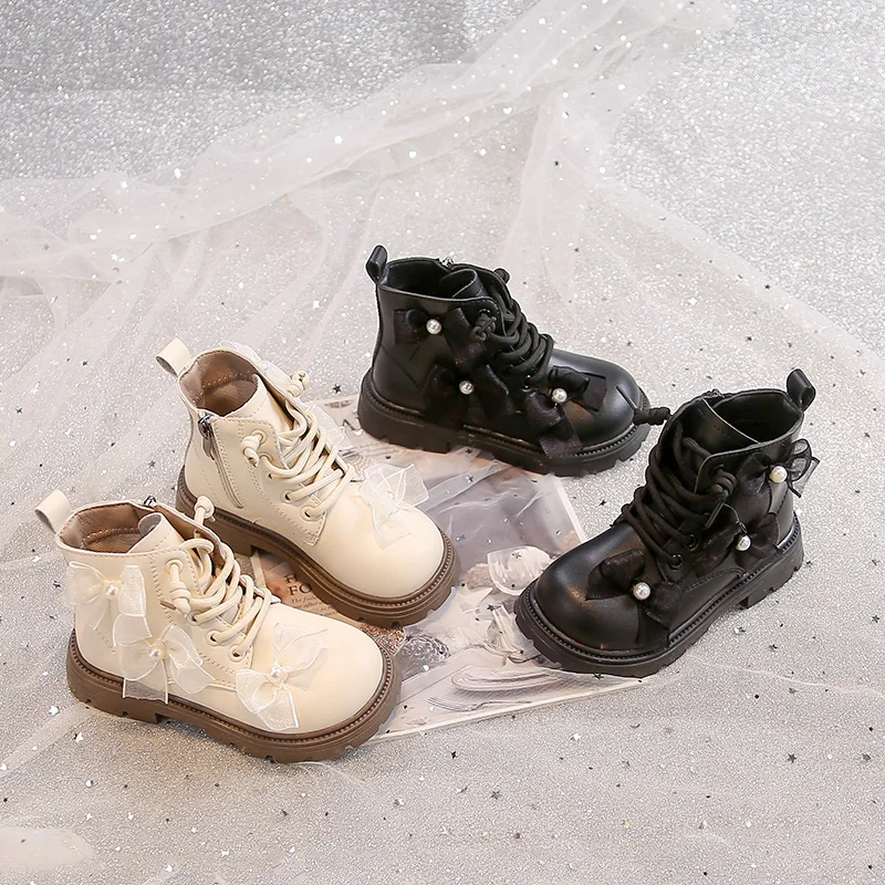 

2025 Autumn Winter Kids Short Boots Round Toes Sweet Lace Bows Children Leather Boots Korean Style Girls Princess Boots Soft