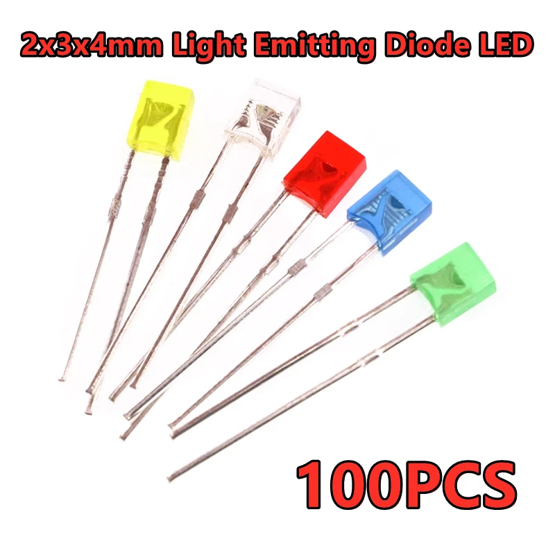 Diode électroluminescente LED carrée polyvalente, lampe électronique, kit de bricolage, blanc, rouge, jaune, vert, bleu, 2x3x4mm, 100 pièces, 234