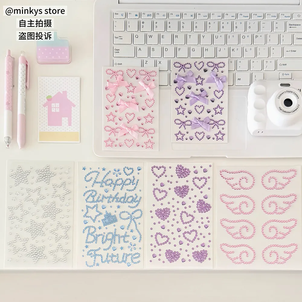 4pcs/5pcs Pack Kpop Photocard Deco Stickers Pink Silver Rhinestone Bow Star Heart 3D Stickers Bling DIY Scrapbooking Sticker