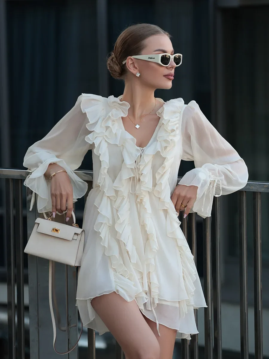 

Spring New Chiffon Dress Women's Long Lantern Sleeve Deep V Neck Ruffle Tie Waist Short Skirt Elegant French Style