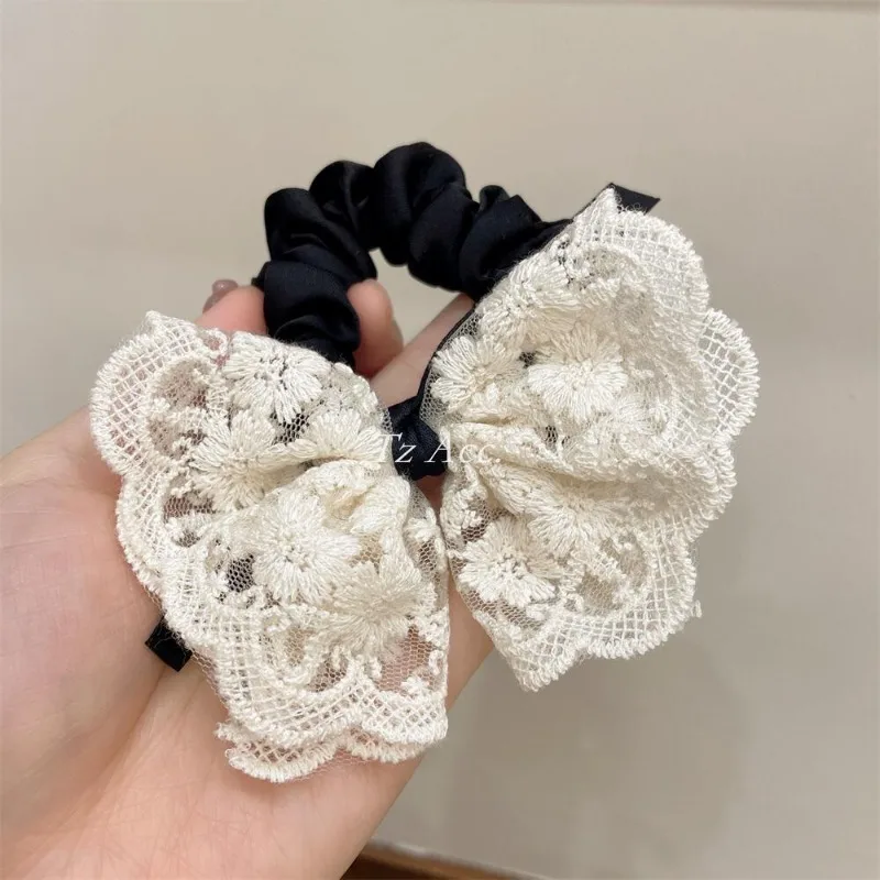 Delicate Sweet Lace Bow Scrunchies for Women Korean Embroidery Hollowed Ruffled Elegant Temperament Ponytail Hair Band Headdress