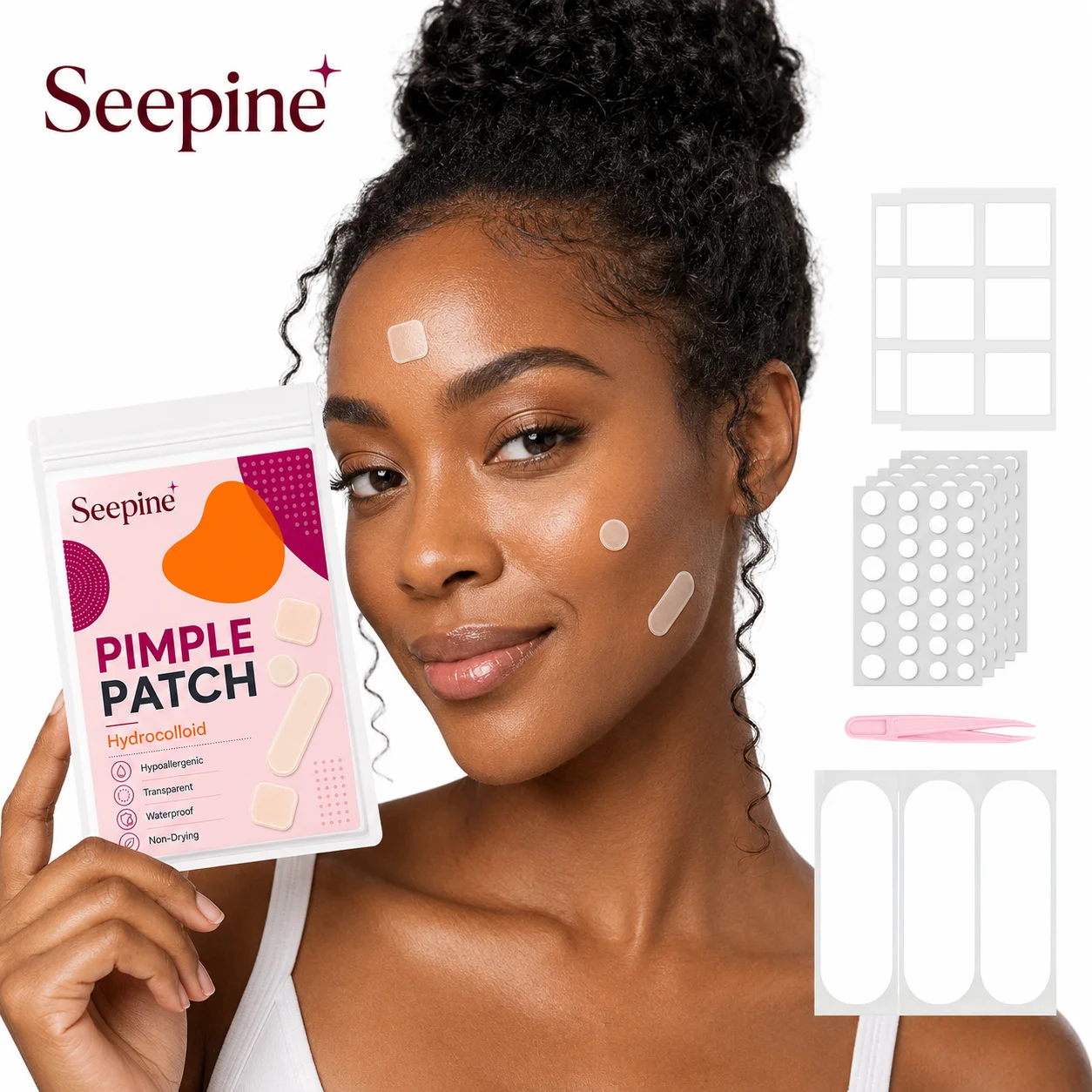 9 Sheets Pimple Patches With Pink Tweezers, for Facial Coverage, Conceals, Blocks Dust, Powder-Proof, Sweat-Proof, for Decoratio