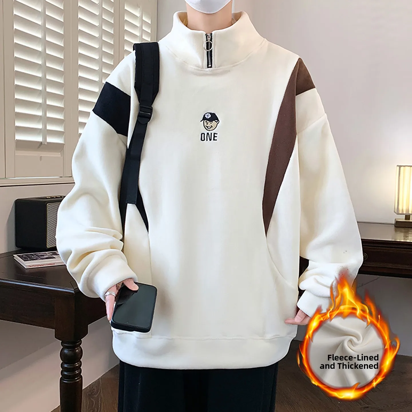 

Thiened Fce High Collar Sweatirt for Teenage Boys Students Warm Outerwear Long Sve Casual Streetwear Cotton Polyester
