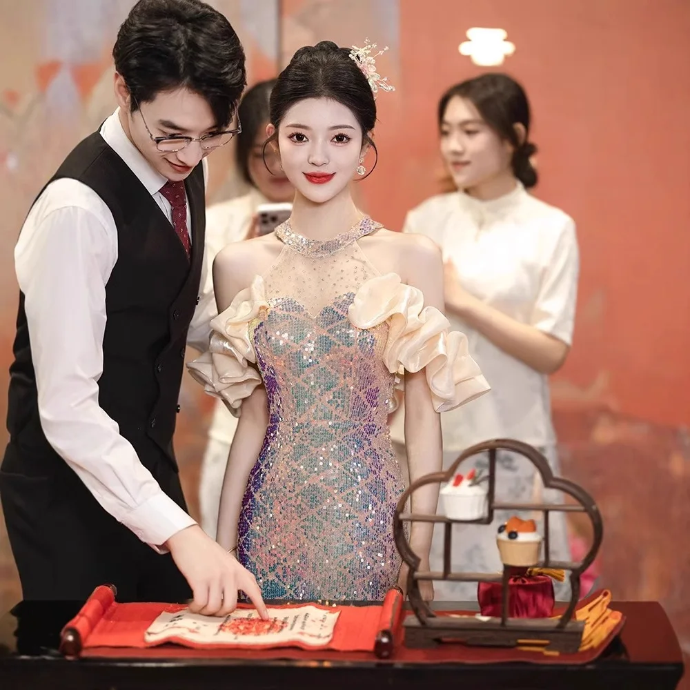 Champagne vestidos de noite longos halter lantejoulas borlas vestidos de baile miçangas sereia vestidos mulher festa de casamento noite vestido de baile