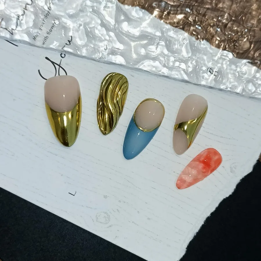 

Metallic Press on Nails Almond Golden French Tips Nails with Soft Gel Fake Nails and Tools Handmade Acrylic Nails Featuring Swe