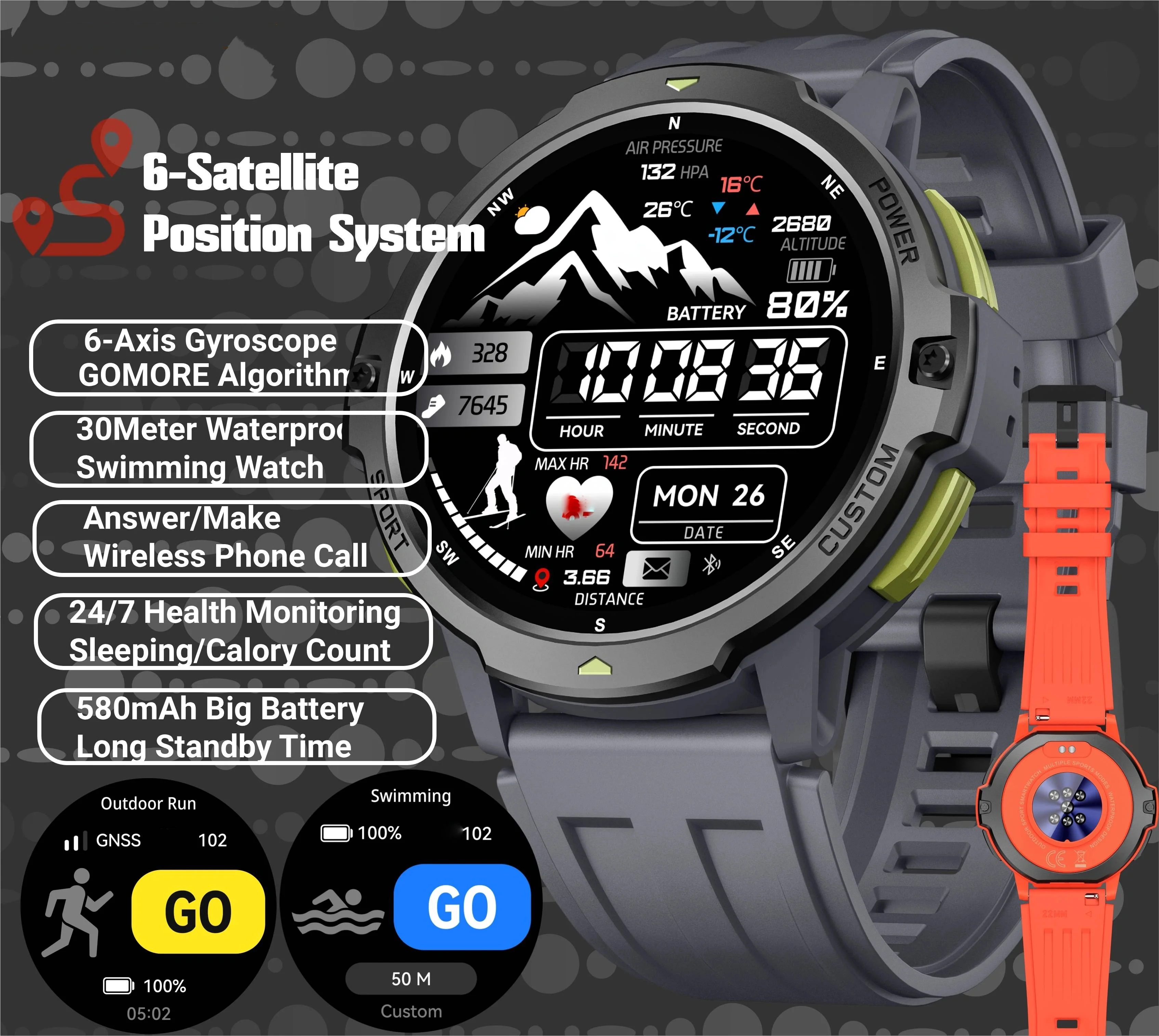 

Спорт на открытом воздухе 3ATM Водонепроницаемые GPS Смарт-часы C31 с высотомером Барометр Компас BT Вызов 100+ Спортивных режимов Фитнес-трекер