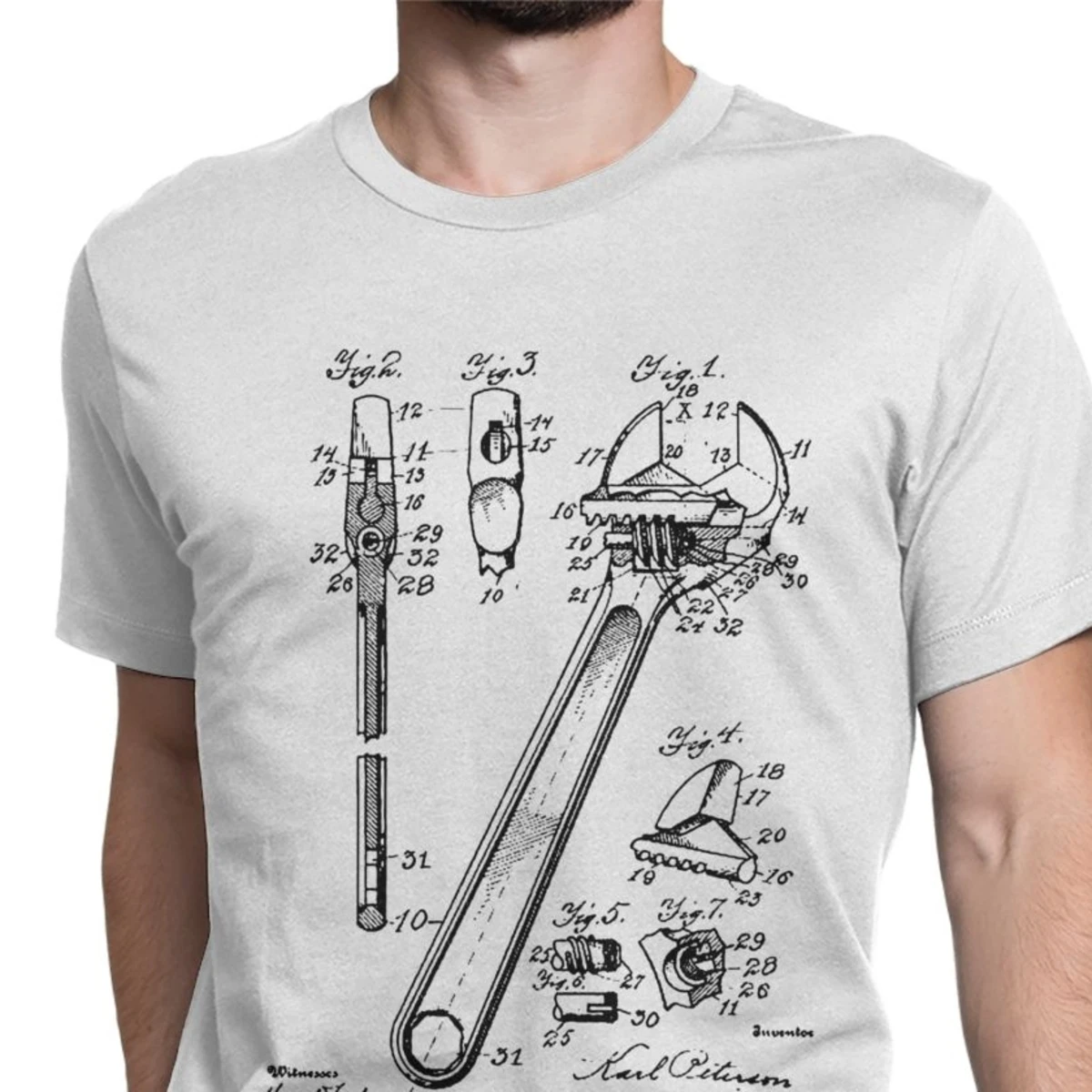 Vintage 3D Graphic Mens Tops T Shirt Wrench Patent Drawing T-Shirt Opener Mechanic Fix Engineer Tshirts for Men Camisas