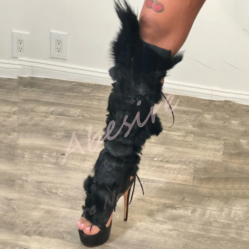 أسود فو الفراء الدانتيل يصل أحذية منصة طويلة جولة تو خنجر عبر حزام الصنادل المرأة مثير ملهى ليلي حفلة فروي عالية الكعب #5