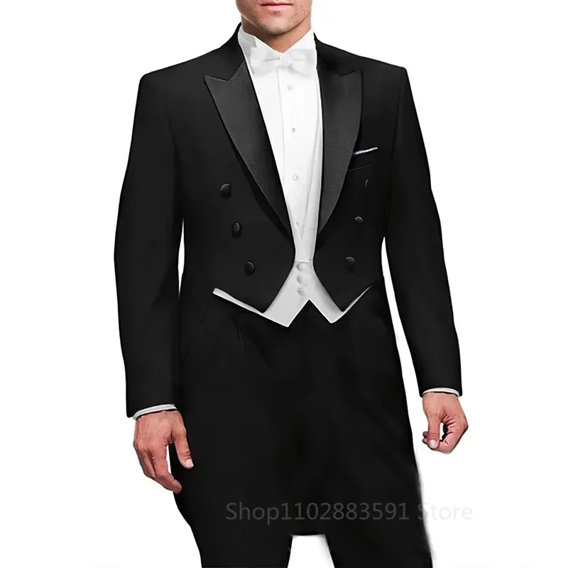 3 Pieces Elegant Black Men Suits  Fashion Peak Lapel Double Breasted Wedding Tailcoat Prom Party Male Suit (Blazer+Vest+Pants)