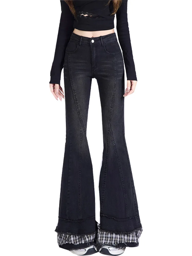 Retro American Plaid Splicing Flared Jeans Damen Cake Sle Micro Flared Jeans Hohe Taille Lange Hosen Freizeitkleidung
