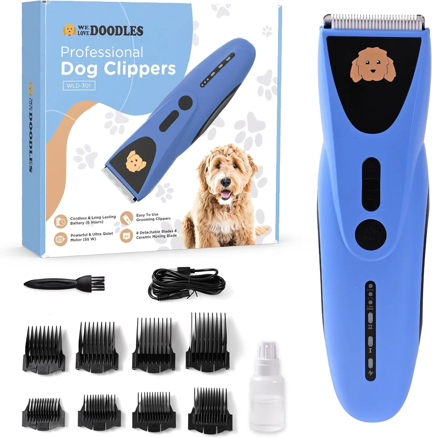 

Powerful Ultra Quiet Dog Clippers for Thick Coats - Cordless Pet Grooming Trimmer with 8 Blades, Easy to Use