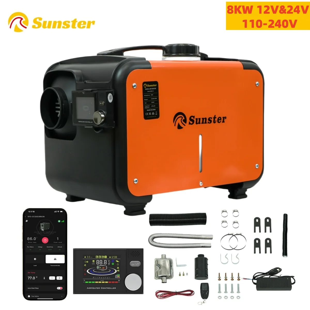 Sunster ALL IN ONE Diesel Air Parking Heater 8KW 12V/24V/220V Diesel Heater with Remote Control for Cars Trucks RVs Boats Buses