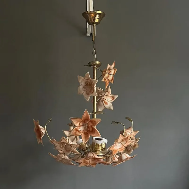 French Vintage Murano Hand Blown Glass Pendant Lamp Brass Blue Orange Finish Dimmable Ceilings Lustre Lighting