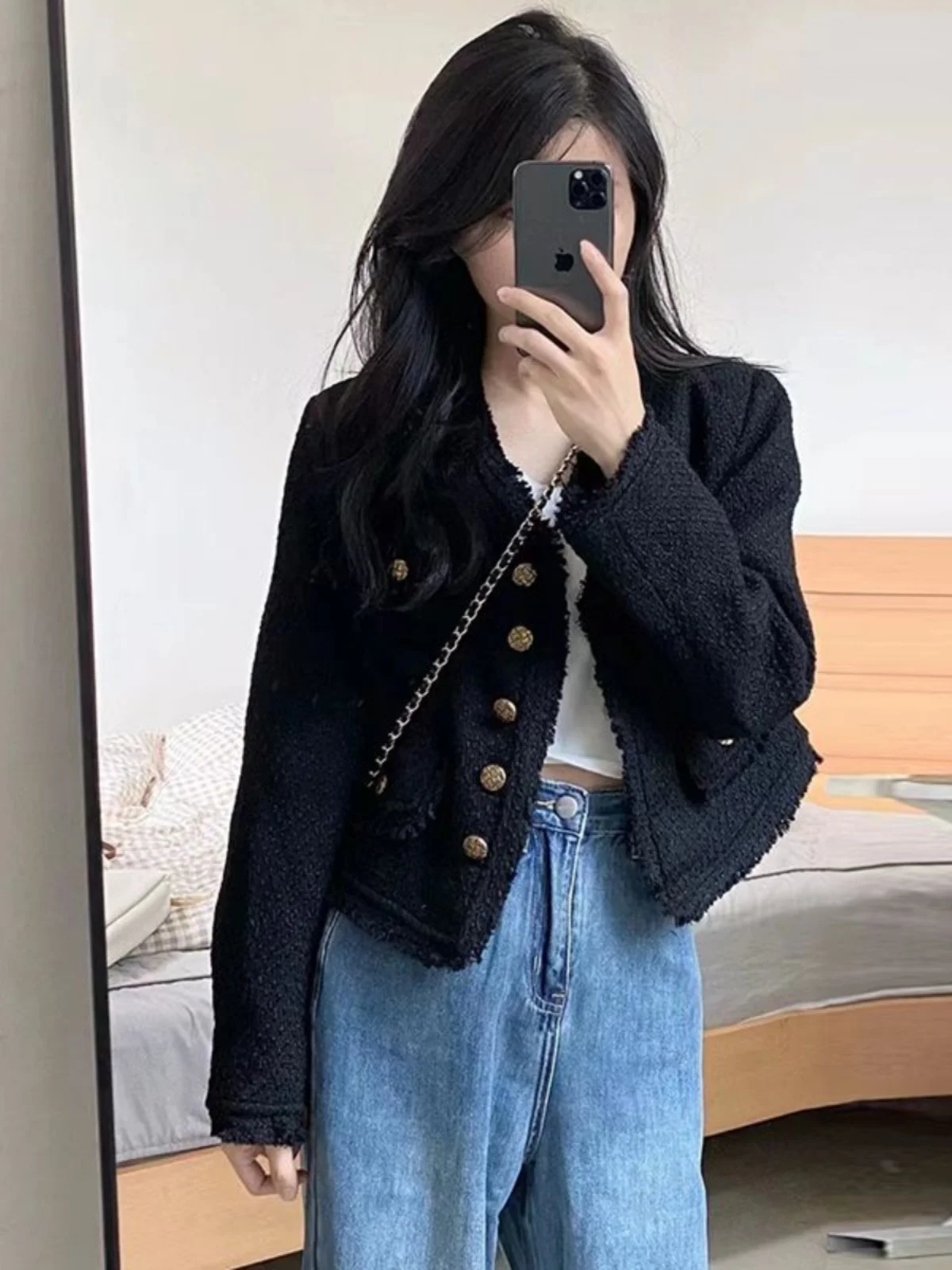 

Черная короткая стеганая куртка для женщин, весна-осень 2025, приталенная, элегантная, для повседневной носки, прямого кроя, тонкая, с круглым вырезом