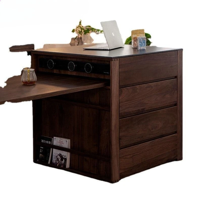 Black walnut solid wood island, dining table integrated retractable rock slab cave slab