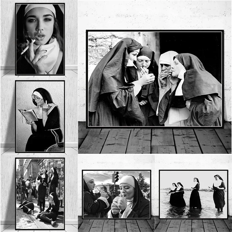 Smoking Nuns Poster Funny Nuns Canvas Print  Black and White Wall Art Pictures for Living Room Home Decoration Painting