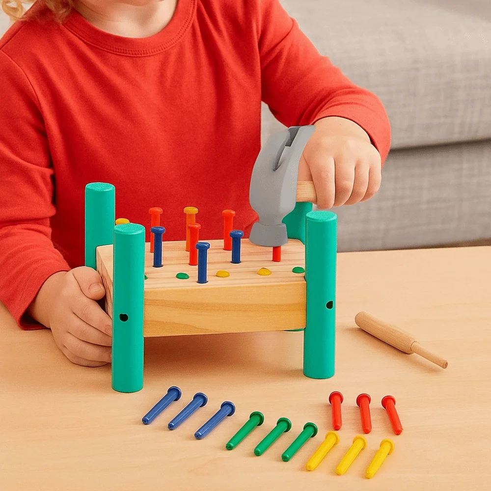 Montessori Knock Nails Tool Giocattolo Legno Apprendimento precoce Doppi lati Pannello forato Strumento di assemblaggio Chiodo in plastica