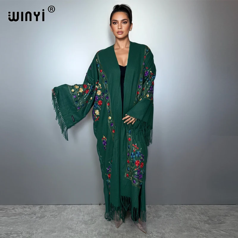 

WINYI Winter Cardigan tassel Embroidery Long Coat muslim woman dresses robe abaya dubai luxury Middle East Female kimono