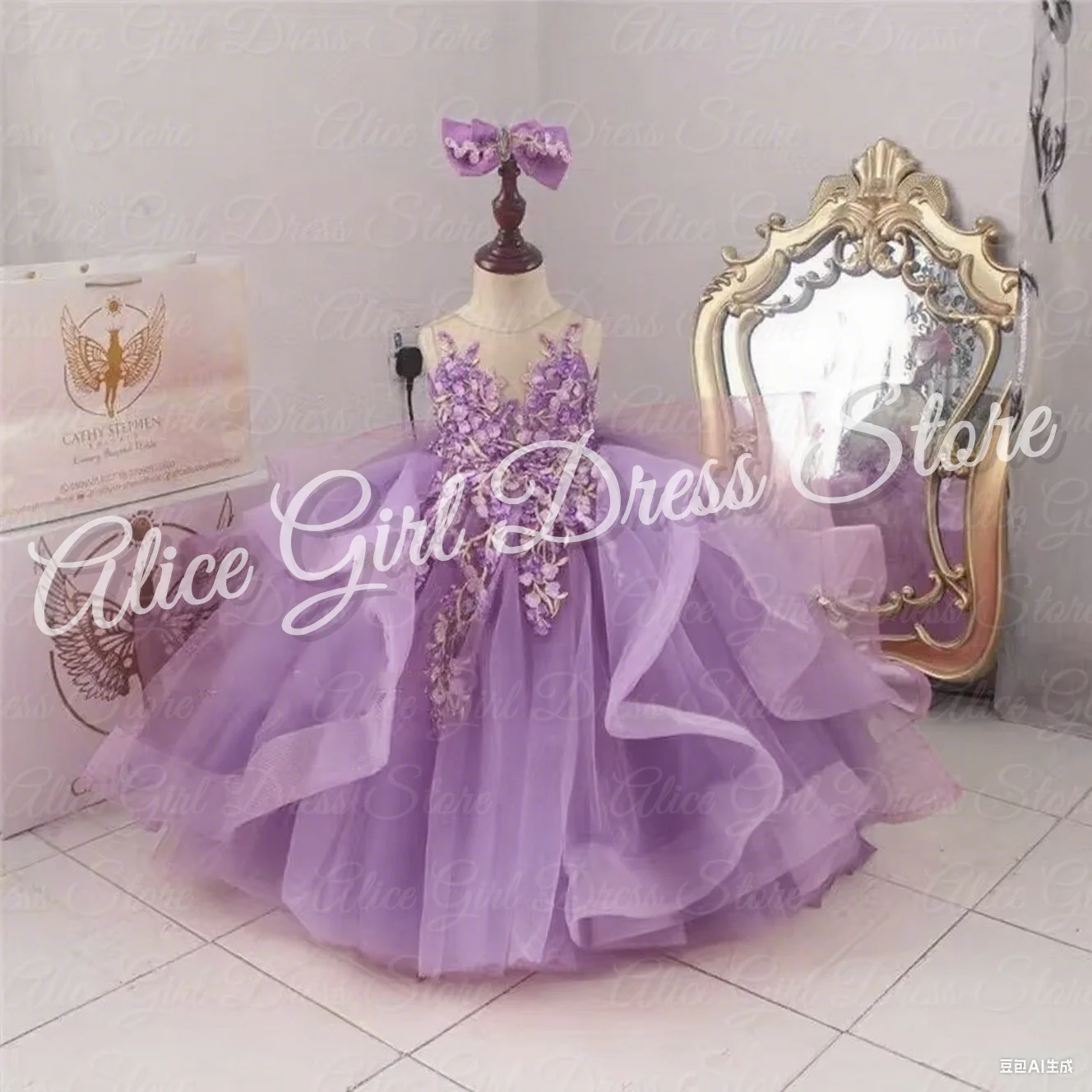 

Customized Lavender Flower Girl Dresses for Wedding Floral Appliques Ruffles Girl First Communion Baby Kids Birthday Party Gowns