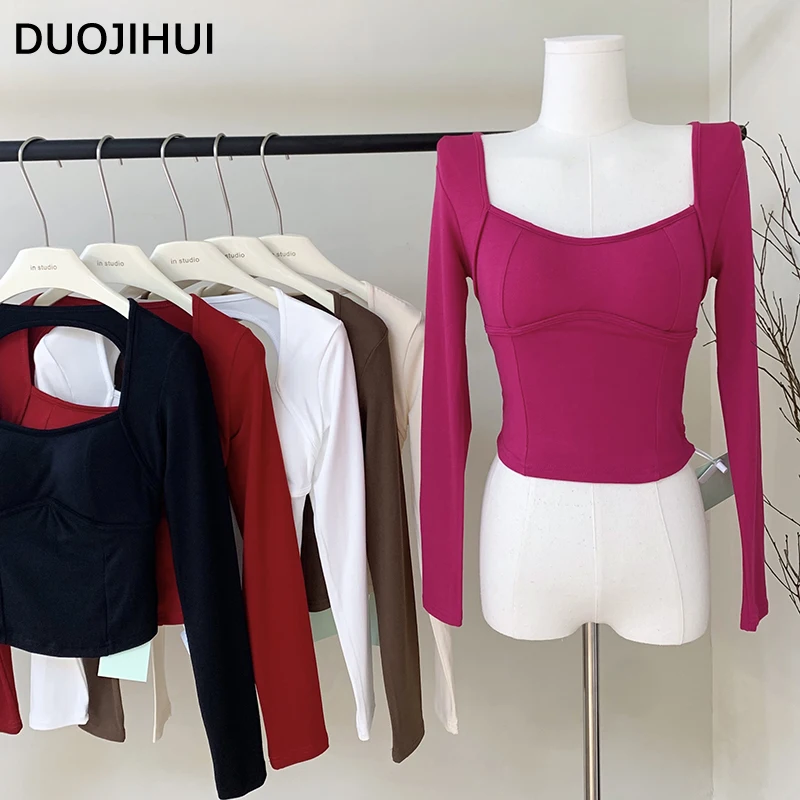 DUOJIHUI-T-shirts soltas ocas para mulheres, manga comprida, roupa chique, cor pura, simples e casual, moda básica, sexy, novo, outono