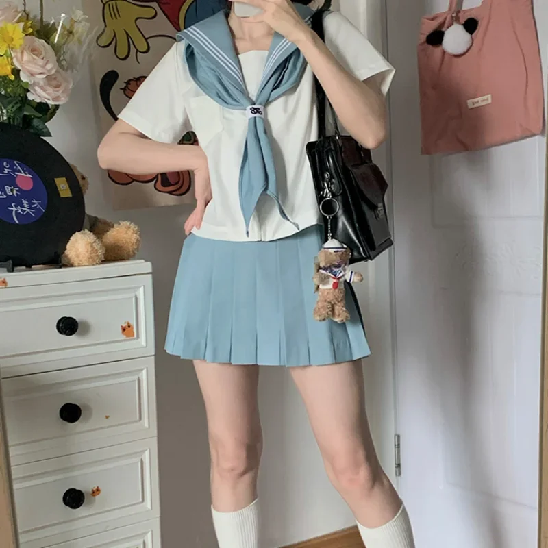 2024 Japanese JK Uniform Sailor Outfits Casual Style Blue Long Short Sleeves Top Pleated Skirt Basic Versatile Suit For Female