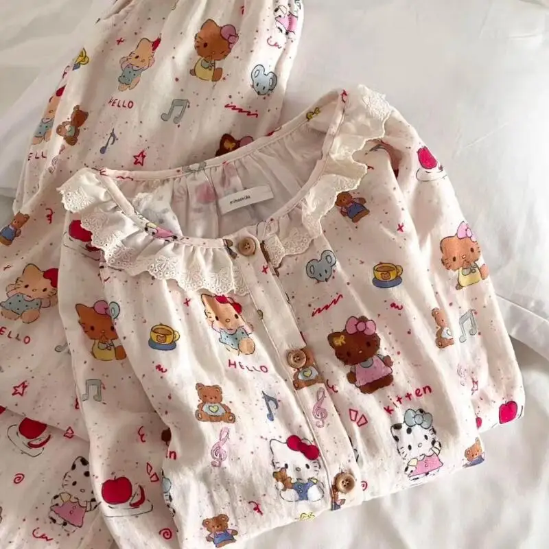 

Милый женский кружевной пижамный комплект для весны и осени: молодежная домашняя одежда с длинными рукавами и брюками, нежная и модная, приятная к телу.