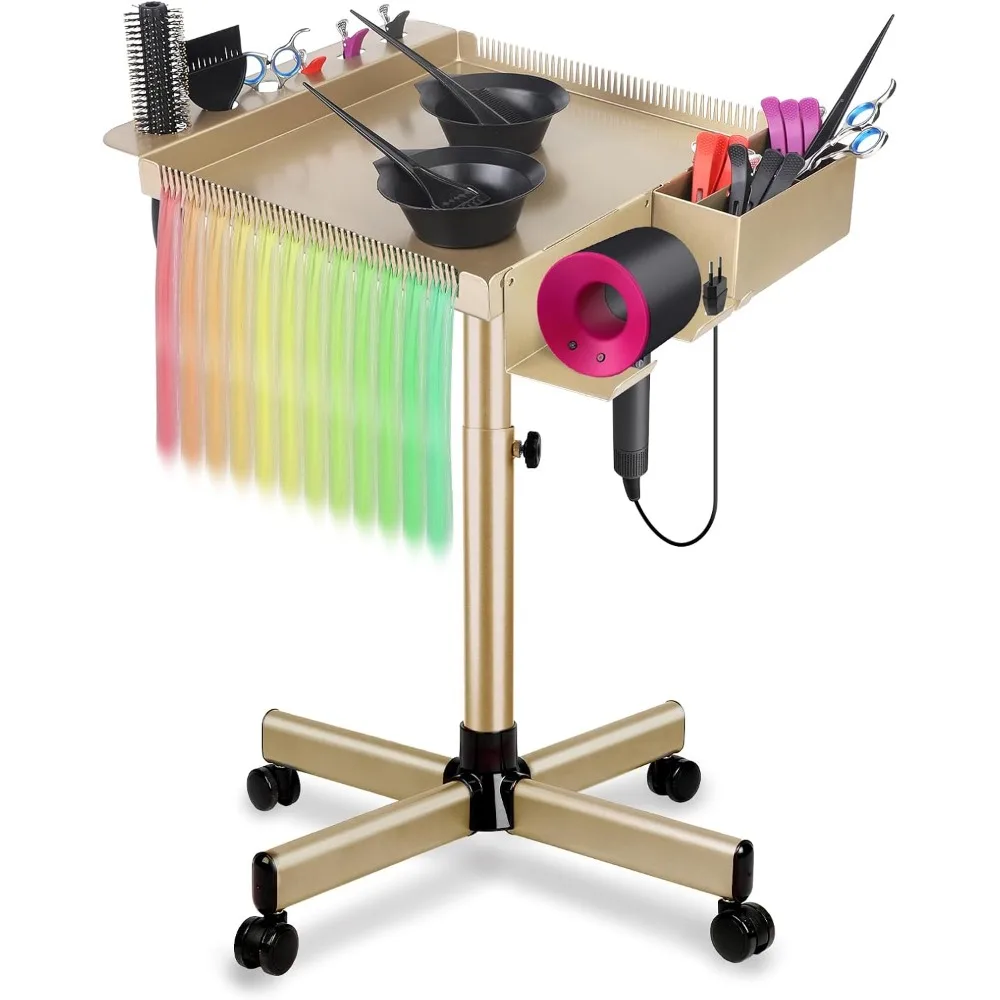 

Salon Rolling Tray on Wheels with Adjustable Height - Salon & Spa Service Tray for Hair Stylist, Tattoo & Dental Use (Gold)