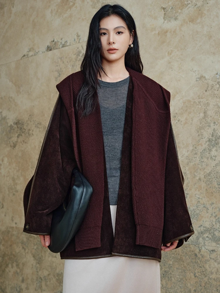 

Vintage Genuine Leather Suede Jackets for Women Autumn Winter 2026 New High-end Simple Detachable Hooded Real Cow Leather Coat