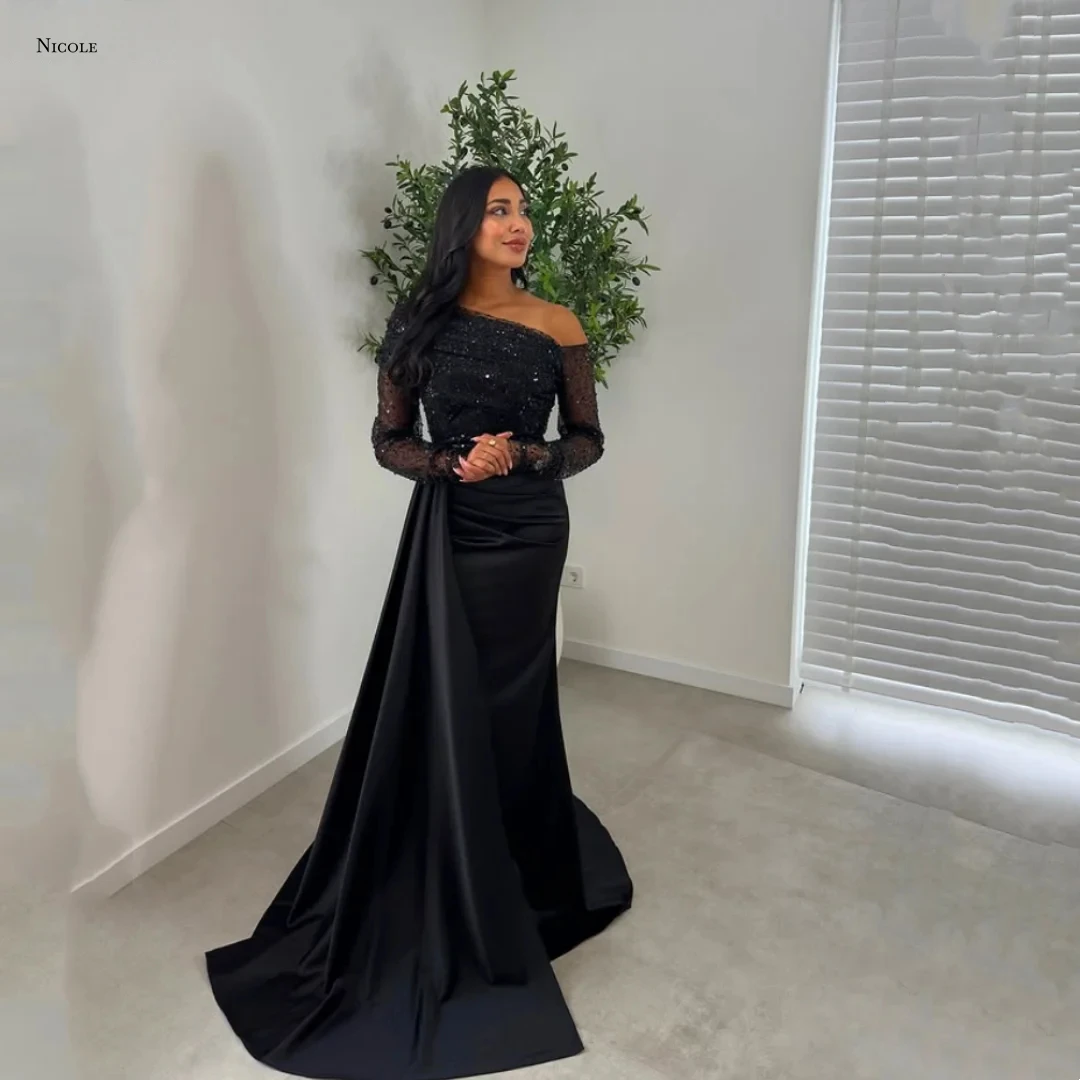 

Nicole Line A Evening Dresses Woman Elegant Luxury Prom Dresses 2025 Custom Made Single-shoulder Sleeve Robe Soiree Sequins Gala