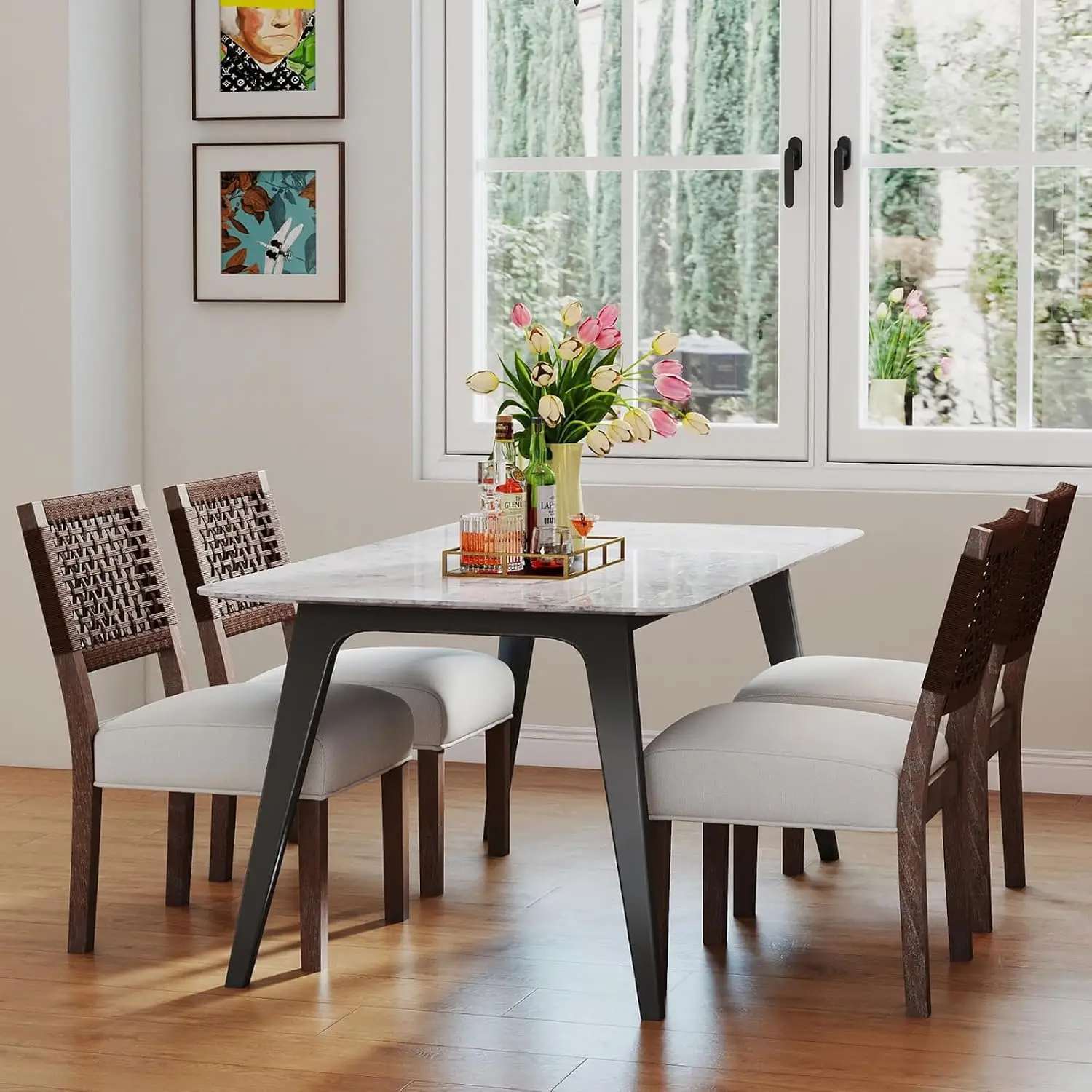 Farmhouse Dining Chair Set of 4 Linen Upholstered Woven Back Solid Wood Wide Seat Dining Room 300LBS Beige, Customized