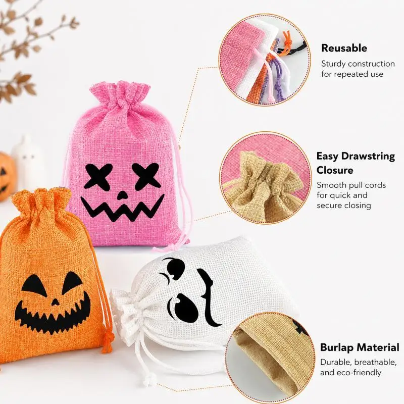 Halloween-Geschenktüten mit Kordelzug, Kürbis-Geister-Druck, 1/5 Stück, wiederverwendbare Süßigkeitentüten für Süßes oder Saures, Kinderparty-Geschenke – Detail 3