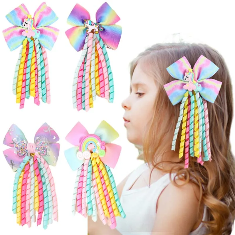 ncmama Rainbow Unicorn Curly Ribbon Bow Hair Clips for Girls Cute Tassel Hairpin Girl Ponytail Holder Boutique Hair Accessories