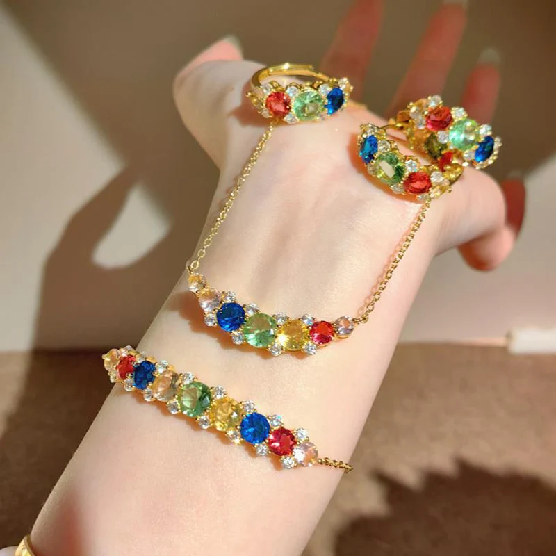 Gradient Necklace Fashion Inlaid Crystal Candy Bracelet Premium Double Sided Color Zircon Earrings Star River Ring for Women