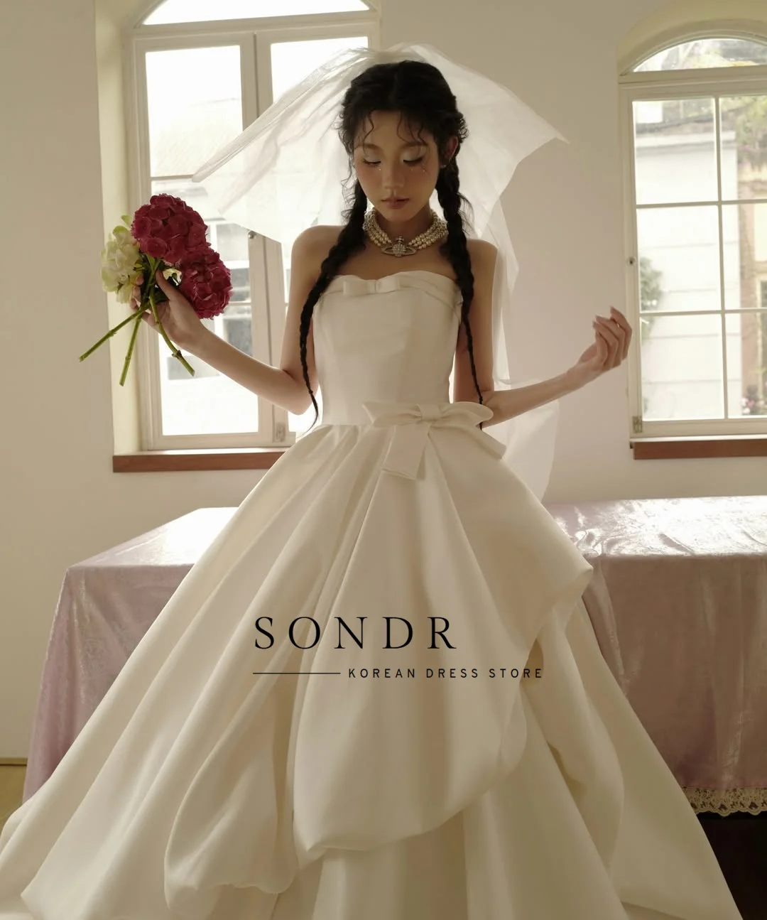 Sondr Customized Princess A Line Korean Wedding Dresses Strapless Fluffy Satin Bridal Gown with Bow Corset Wedding Party Dr