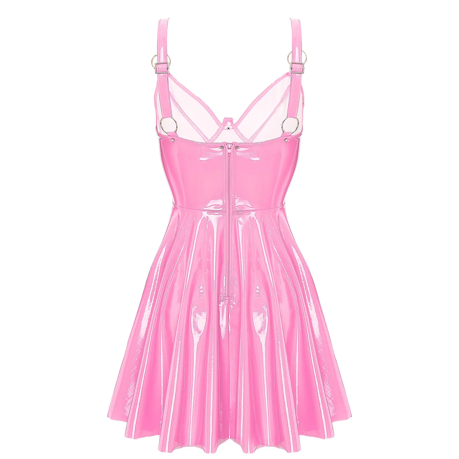 Damska mini sukienka w kształcie litery A z zamkiem błyskawicznym z tyłu i nitami w kształcie litery O. Lateksowa sukienka wsuwana ze skóry lakierowanej wyglądająca na mokre gotycka punkowa odzież klubowa