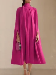 Yeezzi Female Autumn Vintage Elegant Party Evening Dress Batwing Sleeves Lace-Up Solid Color High-Neck Midi Dresses For Women