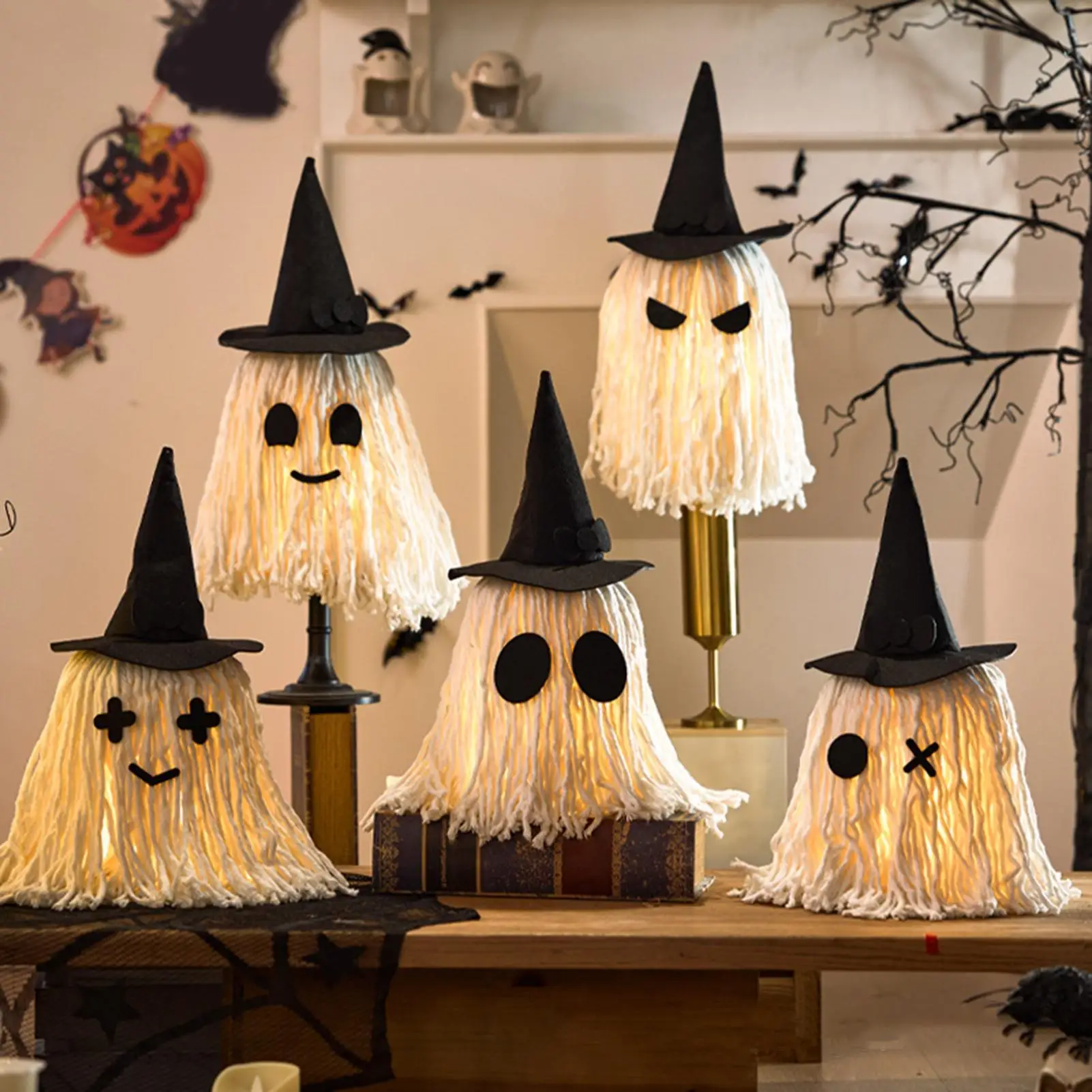 Halloween Ghost Decor Adorable Table Decor Lighted Mop Ghost With Witch Hat Scary Haunted House Props For Festival Escape Room