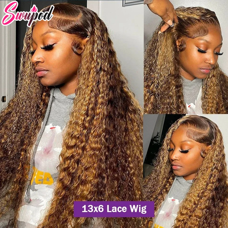 250% 30 36 Inch Highlight Kinky Curly Hd 13x4 13x6 Water Frontal Human Hair Wigs Ombre 4/27 Water 4x4 Lace Closure Glueless Wear